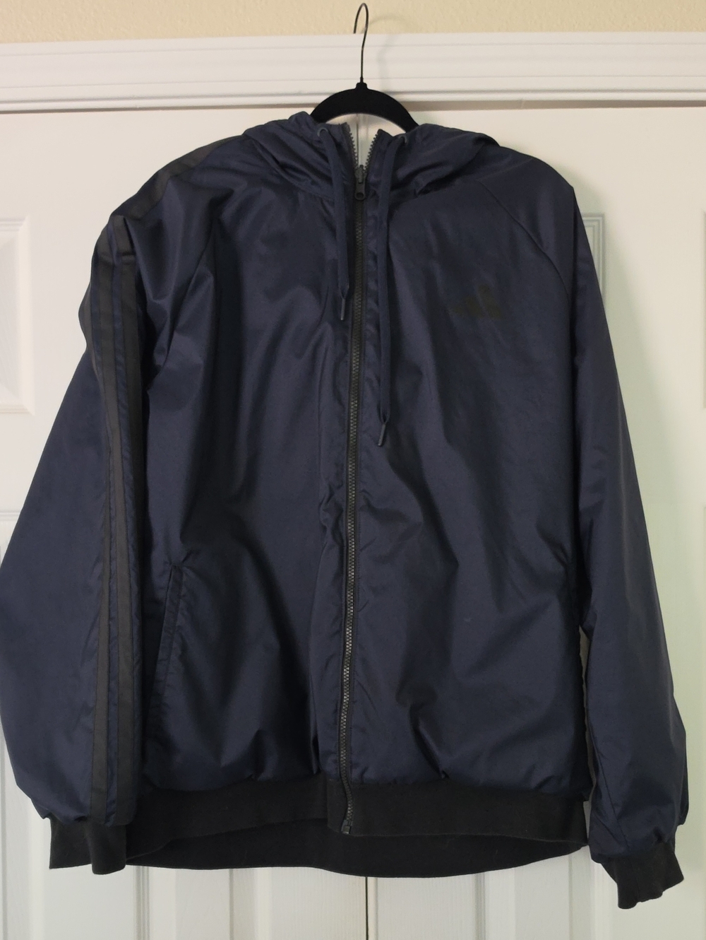 Adidas Men's Reversable Navy and Black Hooded Windbreaker Jacket
